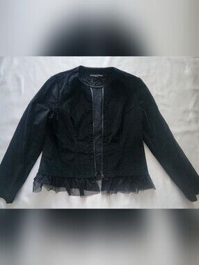 VERONIQUE D’ARAGON Black Ruffle Tulle Mesh Hem Zip Up Jacket / Blazer